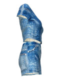 Sexy Faux Denim Print Patchwork O Neck Short Sleeve Two Pieces