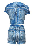 Sexy Faux Denim Print Patchwork O Neck Short Sleeve Two Pieces