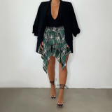 Summer Printed Preppy Style High Waist Plaid Belted Midi Asymmetrical Skirts