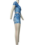 Sexy Faux Denim Print Patchwork O Neck Short Sleeve Two Pieces
