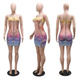 Women's Printed Hot Diamonds Thin Straps Double-layer Bodycon Dress