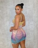 Women's Printed Hot Diamonds Thin Straps Double-layer Bodycon Dress