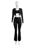 Available Solid Crop Top High Waist Flared Sports Pants Casual Three Pieces