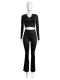 Available Solid Crop Top High Waist Flared Sports Pants Casual Three Pieces