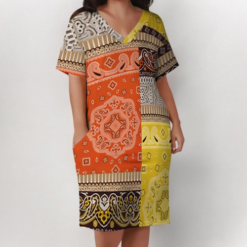 Casual National Totem Print Pocket Contrast V Neck Printed Plus Size Dresses