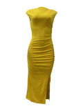 Celebrities Solid Color Patchwork Slit O Neck Long Dresses