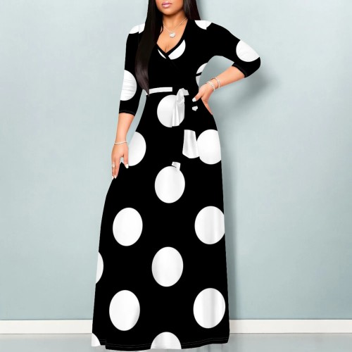 Casual Polka Dots Print V Neck Maxi Dresses