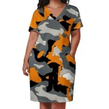Women Plus Size V Neck Short Sleeve Camouflage Printed Dresses
