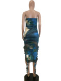 Celebrities Print Patchwork Backless Slit Flounce Strapless Irregular Dresses