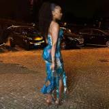 Celebrities Print Patchwork Backless Slit Flounce Strapless Irregular Dresses