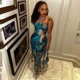 Celebrities Print Patchwork Backless Slit Flounce Strapless Irregular Dresses