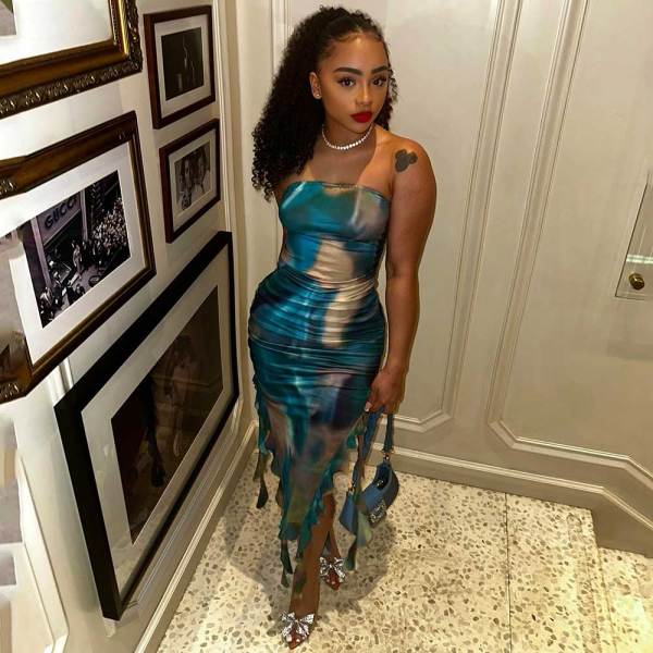 Celebrities Print Patchwork Backless Slit Flounce Strapless Irregular Dresses