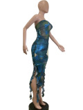 Celebrities Print Patchwork Backless Slit Flounce Strapless Irregular Dresses