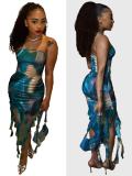 Celebrities Print Patchwork Backless Slit Flounce Strapless Irregular Dresses