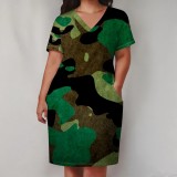 Women Plus Size V Neck Short Sleeve Camouflage Printed Dresses