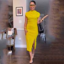 Celebrities Solid Color Patchwork Slit O Neck Long Dresses