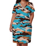 Women Plus Size V Neck Short Sleeve Camouflage Printed Dresses