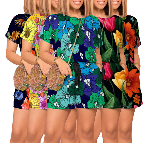Casual Digital Printing Flowers O Neck Two Piece Short Set