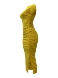 Celebrities Solid Color Patchwork Slit O Neck Long Dresses