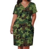 Women Plus Size V Neck Short Sleeve Camouflage Printed Dresses