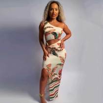 Casual Print Hollow Out Patchwork High Slit Ruched Oblique Collar Long Dresses