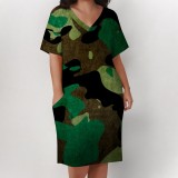 Women Plus Size V Neck Short Sleeve Camouflage Printed Dresses