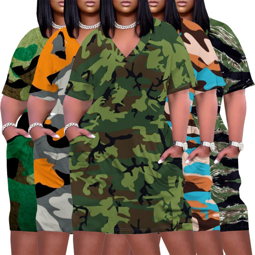 Women Plus Size V Neck Short Sleeve Camouflage Printed Dresses
