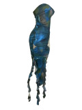 Celebrities Print Patchwork Backless Slit Flounce Strapless Irregular Dresses