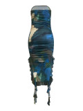 Celebrities Print Patchwork Backless Slit Flounce Strapless Irregular Dresses