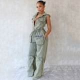 Women Denim Sleeveless Zipper Elastic Waist Cargo Hooded Jumpsuits with Pockets