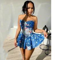 Women Denim Printed Strapless Stretch Ruffle Dress