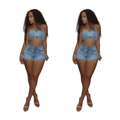 Cross Your Mind Patched Light Denim Embroidery Shorts Set