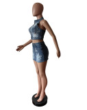 Women Stretch Embroidered Denim Vest And Mini Skirt Two-piece Set