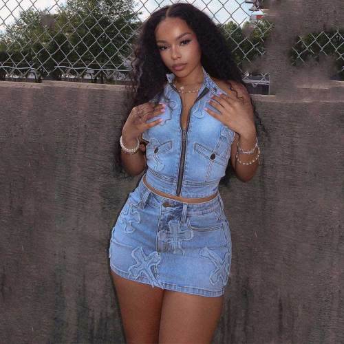 Women Stretch Embroidered Denim Vest And Mini Skirt Two-piece Set