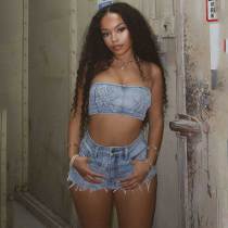 Cross Your Mind Patched Light Denim Embroidery Shorts Set