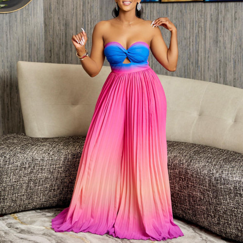 Sexy Tube Top Backless Gradient Color Wide Leg Strapless Jumpsuit