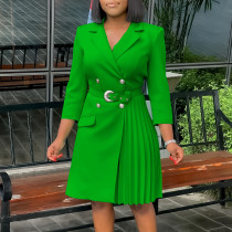 Solid Color Buttons Patchwork Ruched V Neck A Line Dresses