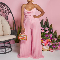 Sexy Chain Halter High Waist Backless Wide Leg Pleated Jumpsuit