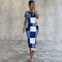 Off-shoulder Faux Denim Print Mid Dress