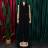 Plain Sleeveless Waist Chain Lapel African Wrapped Straight Leg Jumpsuit