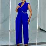 Plain Sleeveless Waist Chain Lapel African Wrapped Straight Leg Jumpsuit