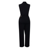 Plain Sleeveless Waist Chain Lapel African Wrapped Straight Leg Jumpsuit