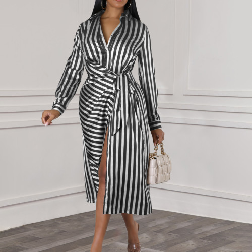Fashion Striped Lapel Shirt Skirt Loose Long Sleeve African Dress