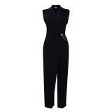 Plain Sleeveless Waist Chain Lapel African Wrapped Straight Leg Jumpsuit