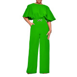 Fashion Round Neck Solid High Waist African Wide Leg Jumpsuit
