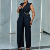 Plain Sleeveless Waist Chain Lapel African Wrapped Straight Leg Jumpsuit