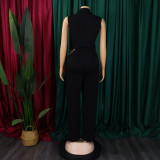 Plain Sleeveless Waist Chain Lapel African Wrapped Straight Leg Jumpsuit