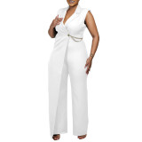 Plain Sleeveless Waist Chain Lapel African Wrapped Straight Leg Jumpsuit
