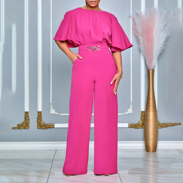 Fashion Round Neck Solid High Waist African Wide Leg Jumpsuit