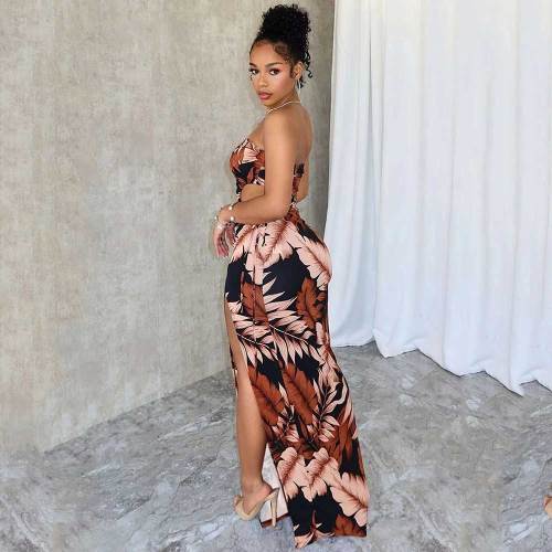 Summer Print Split Dress Strapless Cut Out Ruched Maxi Dresses